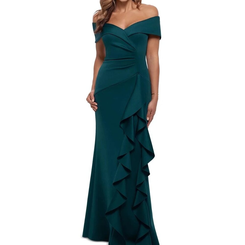 Xscape Teal Off-Shoulder Wedding Dress